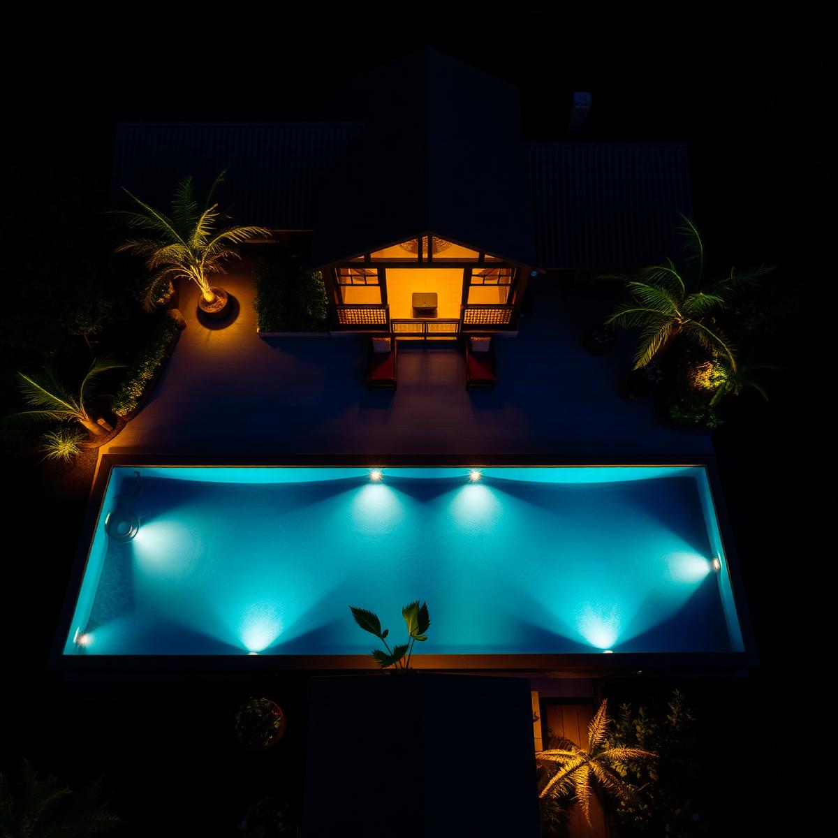 Piscina iluminada à noite